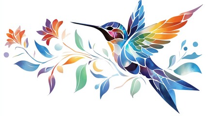 Obraz premium A vibrant watercolor illustration of a hummingbird surrounded by colorful flowers and leaves.