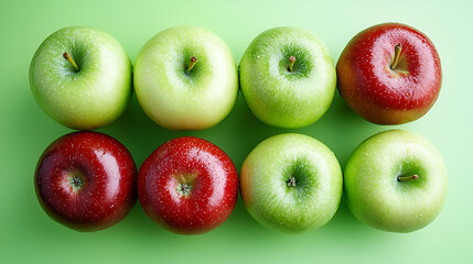Red and green apples arranged on a green background. A vibrant and appetizing display of fresh fruit.