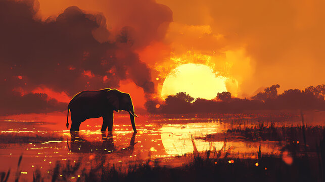 A lone elephant silhouetted against a blazing sunset, highlighting the urgency of tackling climate change to protect vulnerable species. Blazing Meadow. Illustration