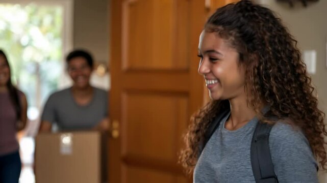 Young female college student moving her stuff out of home to a college dorm with her smiling parents in the background	

