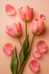 Naklejka premium Three pink tulips and scattered petals on a peach background. A lovely spring floral arrangement.