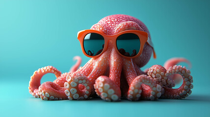 A playful octopus wearing sunglasses is posed against a teal background.