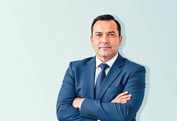 Fototapeta premium Man in blue suit with arms crossed against light background