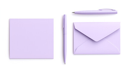 Lavender stationery set: blank notecard, envelope, and two pens. Perfect for mockups or branding.
