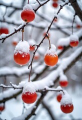 Red fruits covered in snow hanging from tree branches