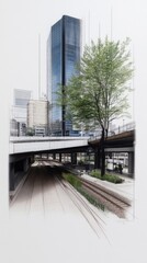 Obraz premium Urban planning, sketch of sustainable design, emphasizing green spaces, walkable zones, eco-friendly features for modern, efficient city layout.