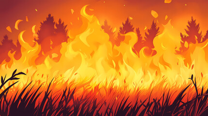 Blazing fire in a dramatic controlled burn. Blazing Meadow. Illustration