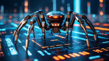 Futuristic Robotic Spider on Digital Interface with Glowing Data Display