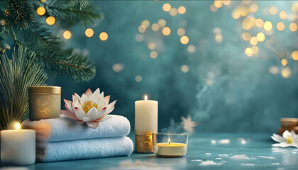 create a wellness christmas voucher headlline the gift of wellness design elements background a soft winter cosy scene with subtle TCM motifs like lotus flowers candle