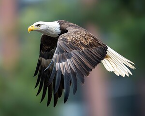 Obraz premium Majestic Bald Eagle in Flight Over Green Background