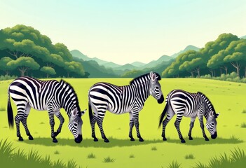 Obraz premium Three zebras grazing in a green field with trees and mountains