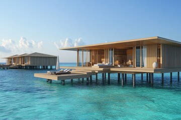 Fototapeta premium Tranquil Overwater Bungalows Surrounded by Clear Blue Waters and Lush Landscape, Perfect for Relaxation and Vacation Getaways in a Serene Tropical Paradise
