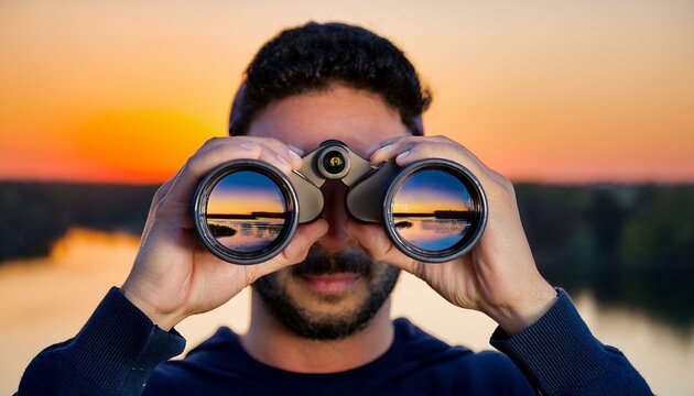 Man using binoculars at sunset, enjoying the view.