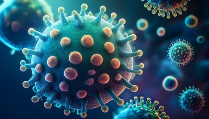 Microscopic view of viruses, vibrant teal and orange hues.