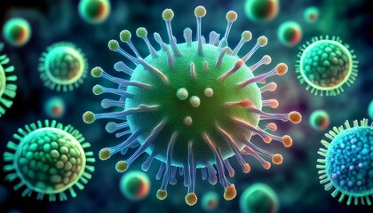 Microscopic view of viruses in vibrant greens and blues.