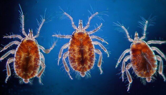 Microscopic view of three mites on a blue background.