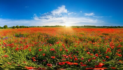 Vibrant red poppy field at sunset. A breathtaking landscape.
