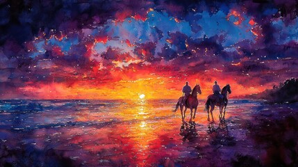 Fototapeta premium Vibrant watercolor painting a sunset horseback ride along a beach with riders enjoying the view