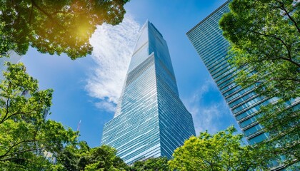Modern skyscraper surrounded by lush green trees under a vibrant blue sky.