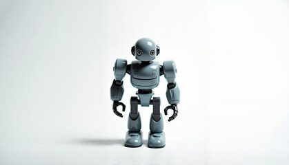 Gray toy robot figure standing against a white background