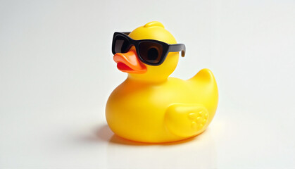 Fun yellow rubber duck wearing sunglasses against a light background