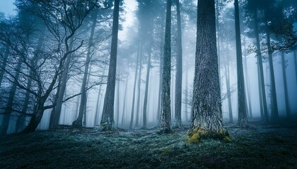 Enigmatic misty forest, tall trees, serene atmosphere.