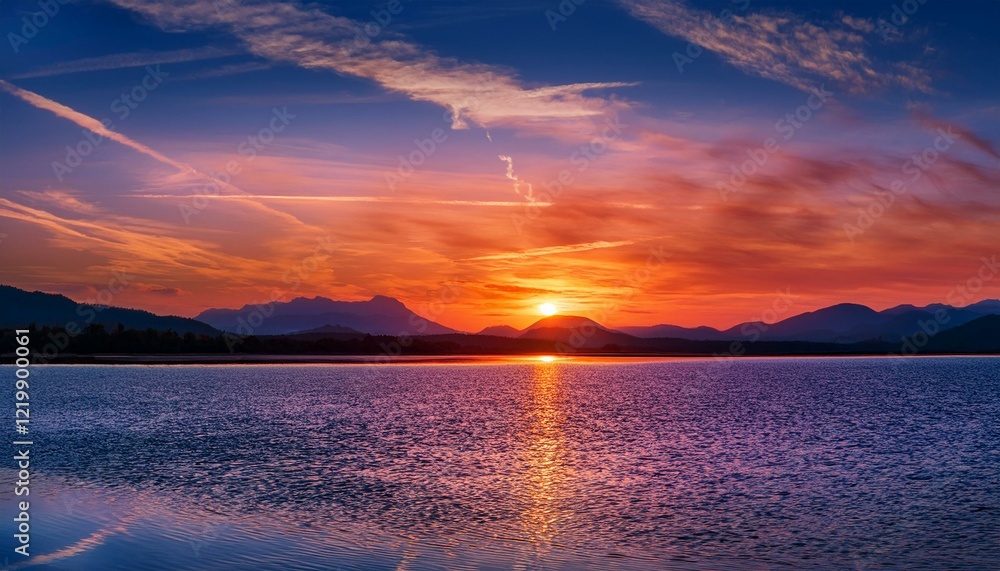 Wall mural Fiery sunset over calm lake and mountains. Vivid colors paint the sky.