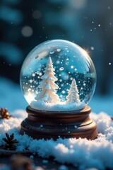 Miniature snow globe with swirling white snowflakes and glittering ice crystals, frosty glass, magical objects, whimsical world