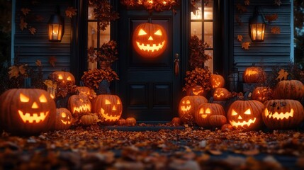 Cozy Halloween Front Porch with Glowing Jack-o'-Lanterns and Autumn Decor