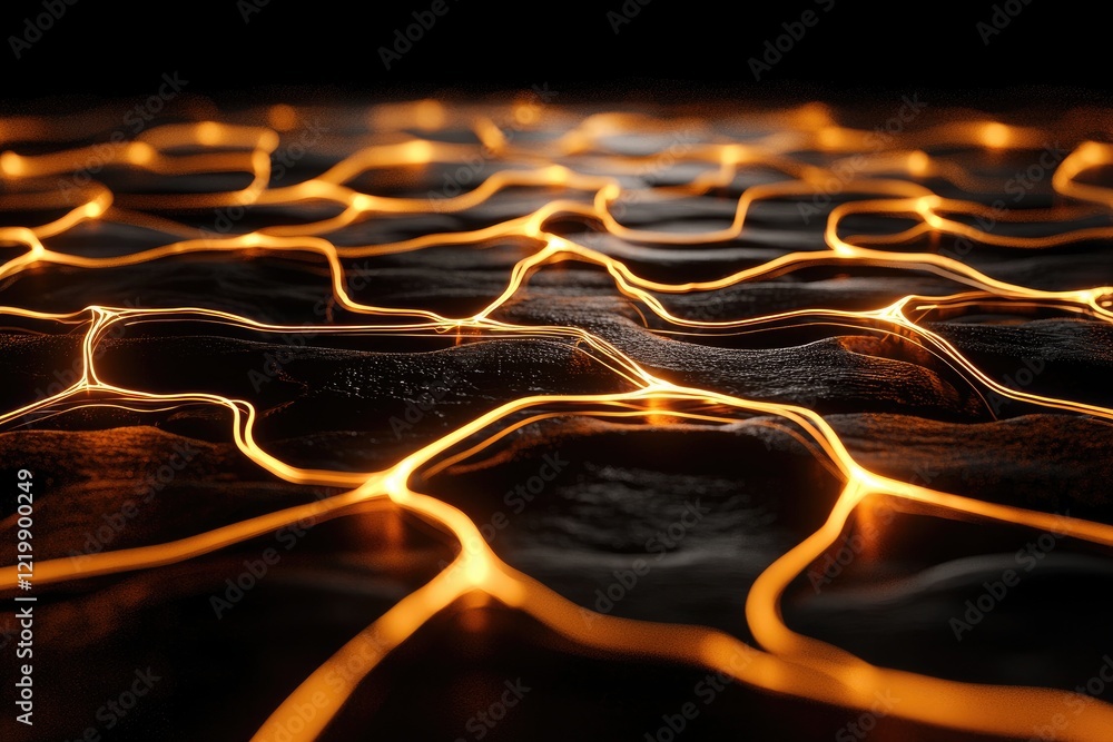 Poster glowing lines forming an abstract pattern on a dark surface, evoking a sense of depth and movement.