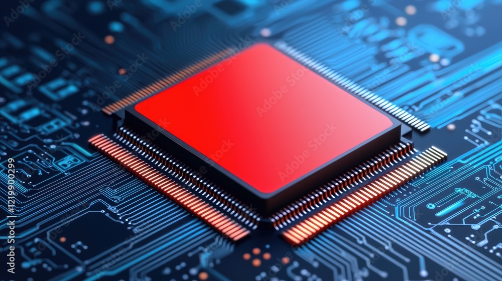 Poster close-up of a red microchip on a blue circuit board background.