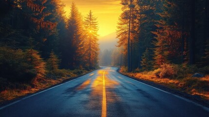 Obraz premium Winding Road Through Dense Forest at Sunrise in a Serene Landscape