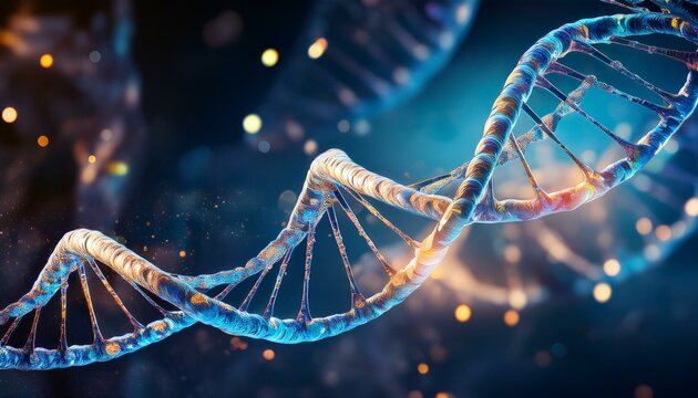 Intricate DNA double helix structure, glowing with vibrant colors against a dark background.