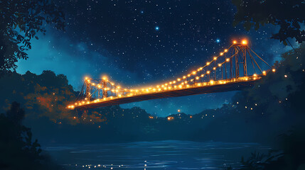 Illuminated bridge spanning river under starry night sky. Celestial Bridge. Illustration