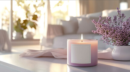 a photograph of an artisan candle on a well decorated coffee table white decor light purple accents bright day photoreal blank label on candle