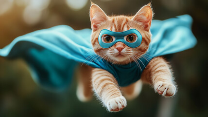 A cute ginger cat flying in a superhero pose, wearing a blue cape and mask. 