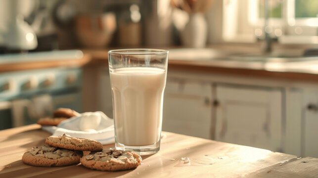 Glass of Milk with Oatmeal Cookies on a Wooden Table