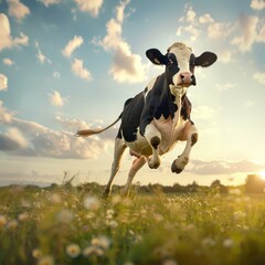 Happy Cow Jumping in Field at Sunset