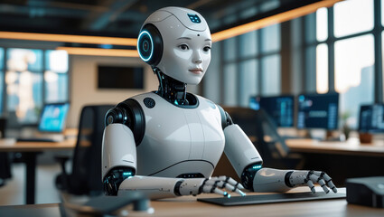 Futuristic Robot Working Functioning in a Modern Office Environment