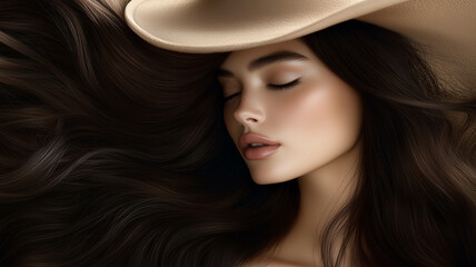 A beautiful woman with long brown hair, showcasing healthy hair and beauty.