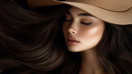 A beautiful woman with long brown hair, showcasing healthy hair and beauty. 