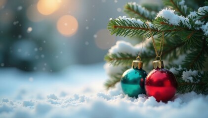 Miniature snowy forest and glass ornaments adorn a wooden branch, miniatures, holiday season