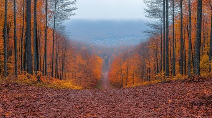 Fototapeta premium Autumn forest road, misty mountains, fall foliage, scenic drive, nature poster