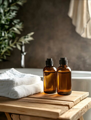 Two deep amber bottles of facial cleanser and water placed on a wooden table with a white towel and a white bathtub at the back Coffee and deep amber coffee background