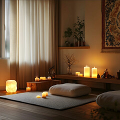 Hyperrealistic indoor scene of a serene meditation corner inside a cozy home The corner features a soft meditation mat surrounded by flickering candles in varying size