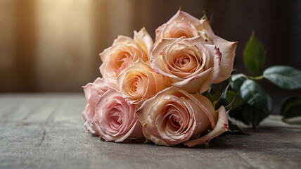 Bouqet of Pink Flower, Beautiful bouquet of pink and red roses placed on wooden table, Close-up Picture of Bouquet of Pink Flowers on Table Background