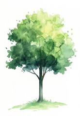 Watercolor Painting of a Single Green Tree