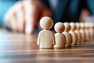Human Resource Management:  A conceptual image depicting a hand seemingly selecting a wooden figure from a row of similar figures, representing the process of choosing candidates.
