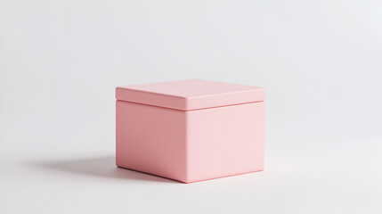 A closed light pink square box sits on a white background. Simple and elegant packaging concept.
