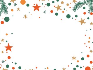 Fototapeta premium Festive Christmas Border: Stars, Dots, and Pine Branches in a Playful Style